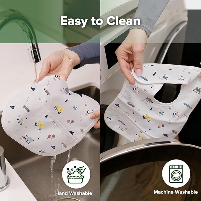 haakaa Waterproof Baby Bibs for Eating, Soft & Lightweight Toddler Bibs with Food Pocket, Easy Wipe Clean, Ages 6–24M, 2 Pack