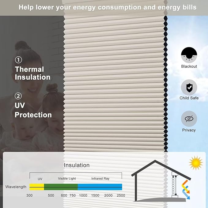Changshade Cellular Shades Cordless Blinds Blackout for Indoor Windows, Honeycomb Blind Room Darkening Shade 1.5'' Single Cell Pleated, Easy to Install Shade Size 27 Wide x 50" Height, Beige