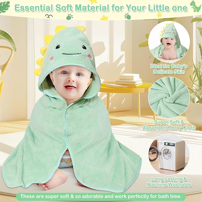 4 PCS Hooded Baby Towels, Soft Baby Towel, Absorbent Baby Bath Towel, Baby Towels and 3 PCS Baby Washcloths for Newborns, Toddlers, and Kids, 32x32 in Baby Towel with Hood for Boy and Girl (Dinosaur)