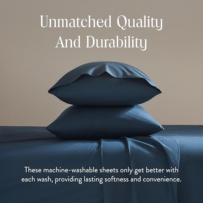 Brooklinen Luxury Sateen 4 Piece Sheet Set - 100% Cotton Bed Sheets, Soft & Durable Queen Size Sheets Set in Abyss Blue, Oeko-TEX Certified Bedding Set, 1 Fitted Sheet, 1 Flat Sheet, 2 Pillowcases