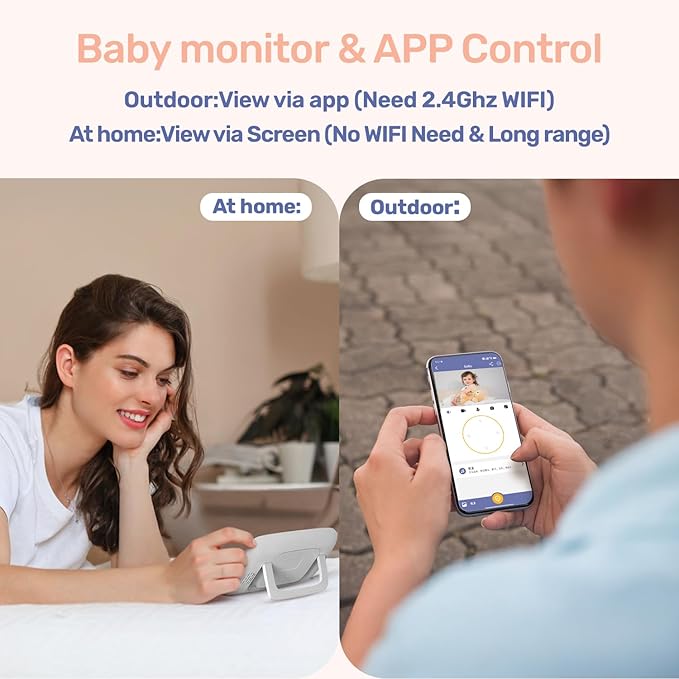 1080P WiFi Baby Monitor with 2 Camera and Audio, Pan-Tilt-Zoom Video Camera, 4'' IPS Screen, HD Night Vision, Motion & Cry Detection, 360° View, Temperature Sensor, Feeding Reminder, Lullabies