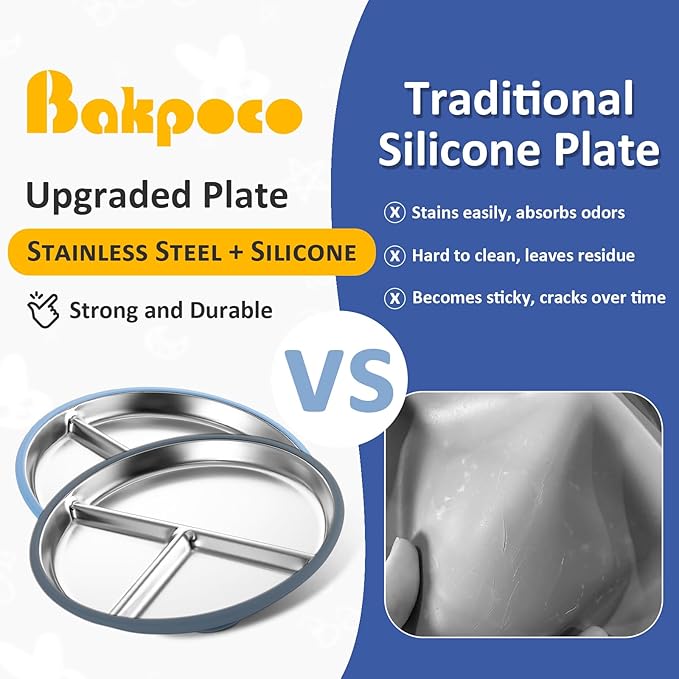Bakpoco Stainless Steel Suction Plates for Toddlers, 9" Divided Kids Baby Plates with Removable Silicone Suction, Non Toxic Non Slip Portion Control Snack Dishes 3 Packs, Blue Gray Navy