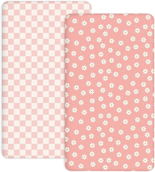 Pack and Play Sheets 2 Pack, Fitted Jersey Knit Mini Crib Sheets for Baby Boys and Girls, Compatible with Graco Pack N Play and Mini Crib Mattress (Rosy Days, Pack N Play/Mini Crib Sheets)
