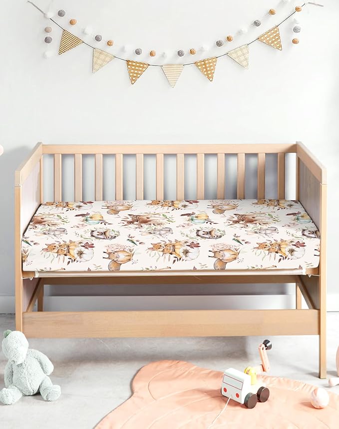 Pack and Play Sheets 2 Pack, Fitted Jersey Knit Mini Crib Sheets for Baby Boys and Girls, Compatible with Graco Pack N Play and Mini Crib Mattress (Forest Friends, Pack N Play/Mini Crib Sheets)