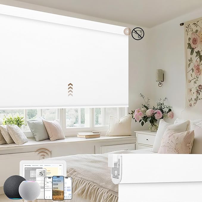Kincmo No Drill Motorized Blinds with Remote, 100% Blackout Roller Shades for Windows, Custom Electric Blinds Compatible with Alexa, Apple Homekit, Google Home (100% Blackout Pure White)