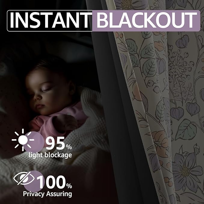 jinchan Nursery Curtains 95% Blackout Purple Floral Curtains for Girls Room, 84 Inch Length Farmhouse Drapes for Bedroom Living Room Darkening Window Treatment Grommet Top Set of 2 Panels