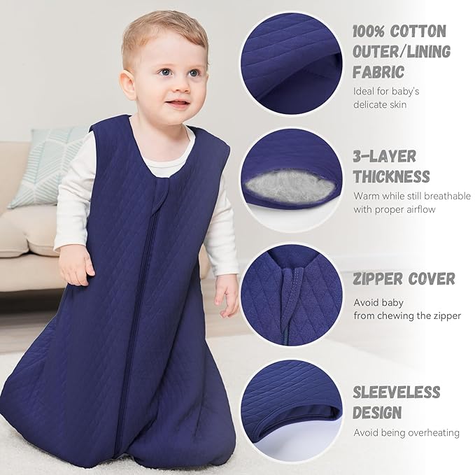 Yoofoss Baby Sleep Sack 12-18 Months TOG 2.5 Winter Baby Wearable Blanket, 100% Cotton Infant Sleeping Sack 2-Way Zipper Warm Quilted Sleepsack, Navy