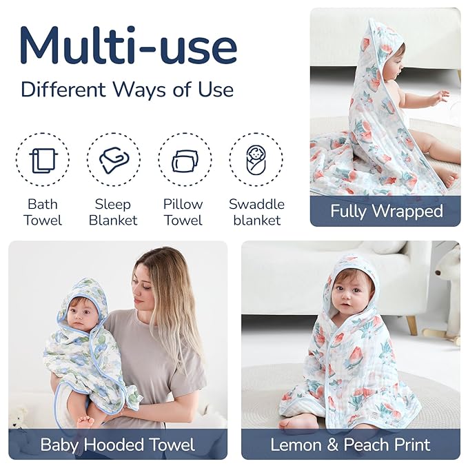 Muslin Hooded Baby Towels 2 Pack, Ultra Soft & Absorbent Baby Bath Towels, Bath & Beach Essentials, Shower Gifts for Newborns, Babies, Infant, Toddler - 32x32 Inch (Blueberry & Watermelon)