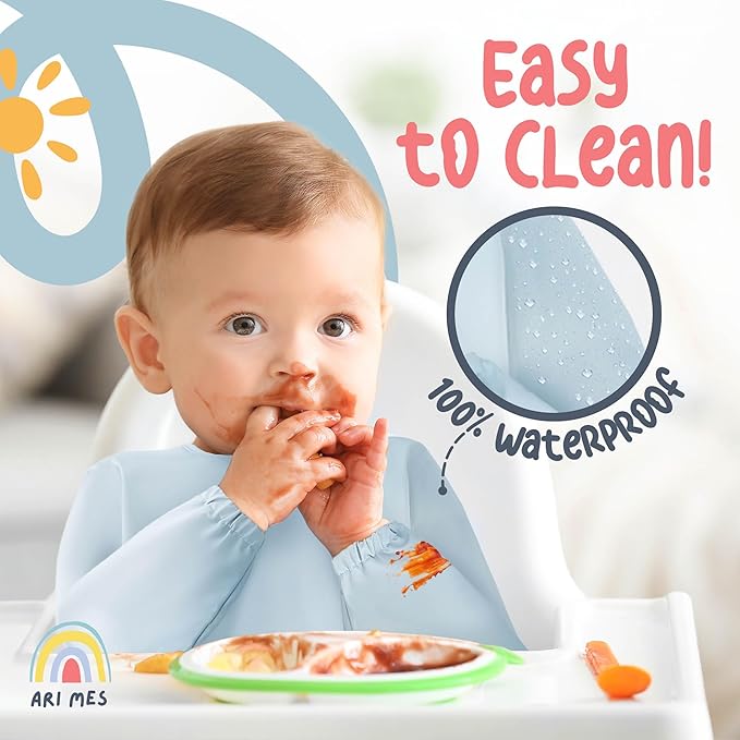 ARI MES Long Sleeves Waterproof Baby Bibs for Eating - Green Stripes, Large- Wearable, Coverall for Toddler, Long Sleeve Bib, Smock Apron for Feeding - Applicable for 6-72 Months