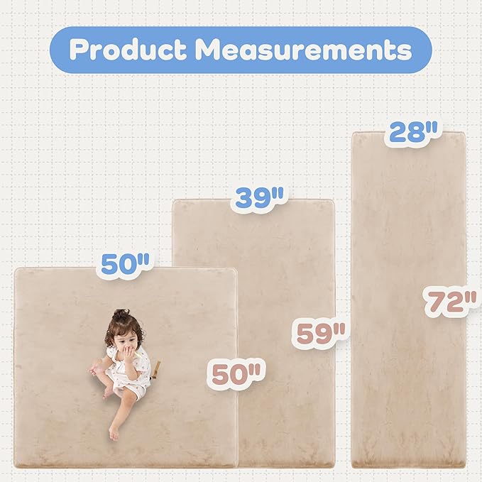 1.3" Thick Baby Floor Play Mat 50x50, Basic Padded Foam Mat for Tummy Time Crawling, Non Slip Cushioned for Babies Toddlers Infants Kids (Beige)