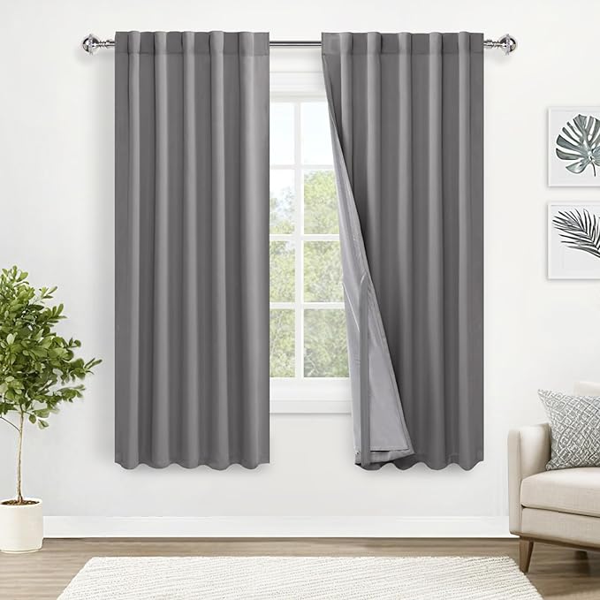 XWZO 100% Blackout Curtain Panels - Rod Pocket & Back Tab Thermal Insulated Black Liner, Noise Reducing Heat Blocking Drapes for Hall and Studio Windows with Tiebacks, Grey, W42 x L63, Set of 2