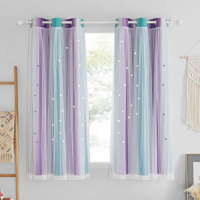 NICETOWN 2 Panels Stars Curtains Draperies for Kids Girls Bedroom Living Room Double Layers Blackout Rainbow Grommet Window Curtains Home Decor, Thermal Insulated 2 Panels,42x63 Inch, Teal & Purple