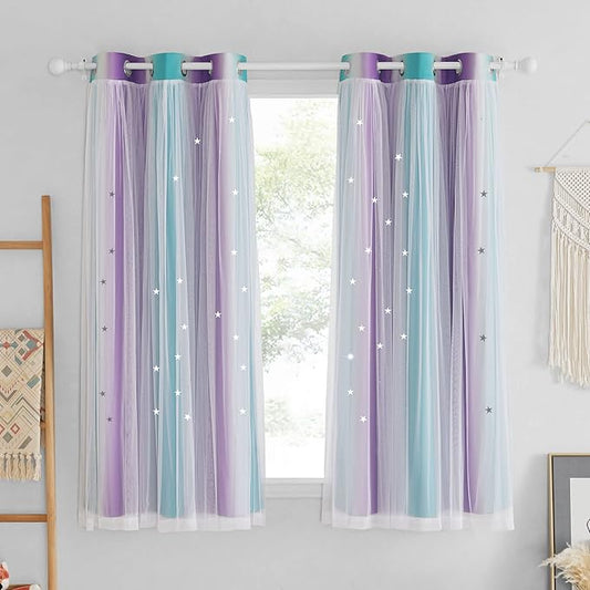NICETOWN 2 Panels Stars Curtains Draperies for Kids Girls Bedroom Living Room Double Layers Blackout Rainbow Grommet Window Curtains Home Decor, Thermal Insulated 2 Panels,42x63 Inch, Teal & Purple
