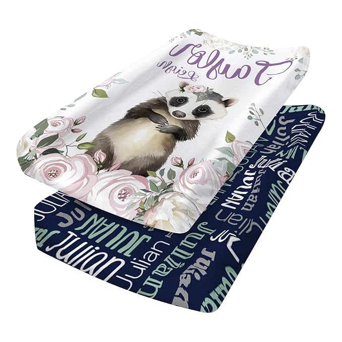Custom Changing Pad Cover Set - Jersey Knit Ultra Soft Unisex Waterproof Diaper Changing Table Covers with Personalized Name for Baby Boys Girls - Comfy Cozy 2 Pcs Set Style01