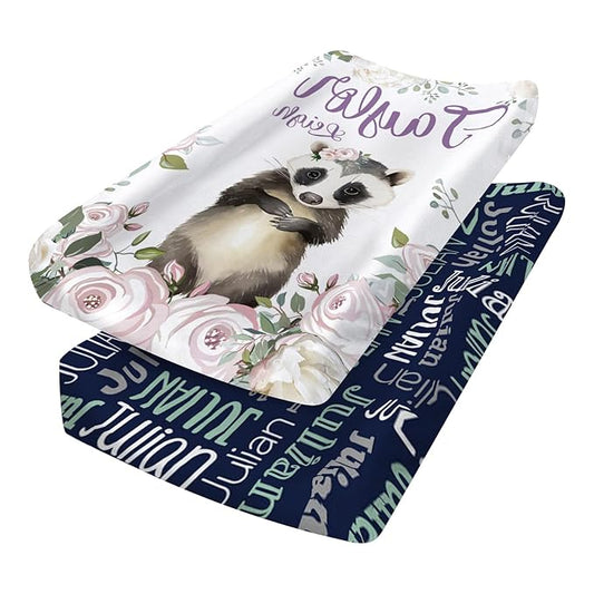 Custom Changing Pad Cover Set - Jersey Knit Ultra Soft Unisex Waterproof Diaper Changing Table Covers with Personalized Name for Baby Boys Girls - Comfy Cozy 2 Pcs Set Style01