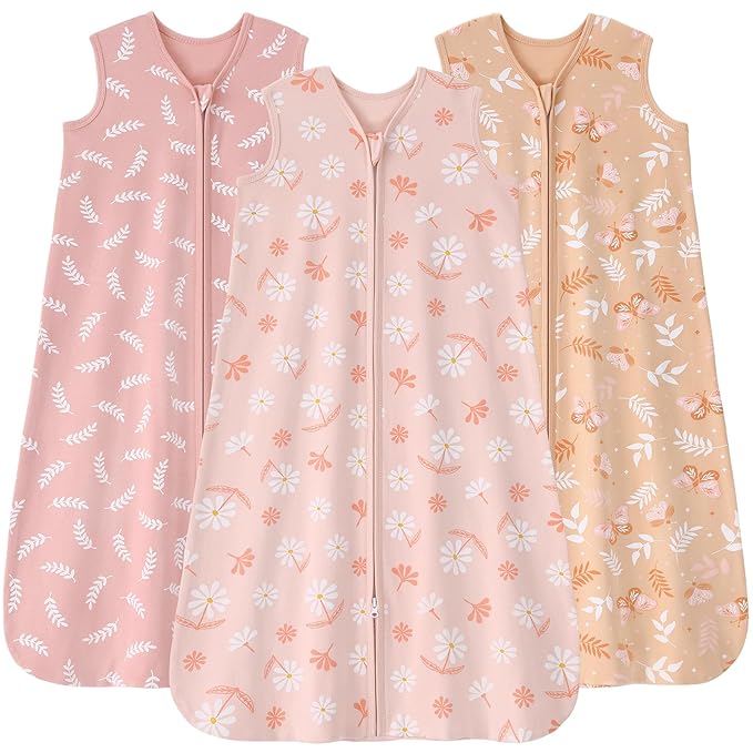 FIEMOL Baby Sleep Sack 12-18 months, 100% Cotton Sleeping Sack for Newborn and Infant, 3 Pack Baby Wearable Blanket for Boy and Girl, 0.5 Tog Lightweight Double Zipper Sleep Bag Pink Orange Flower