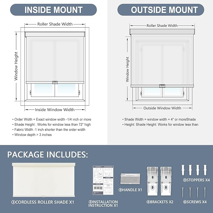 AOSKY Light Filtering Roller Shades Cordless Blinds for Windows, 1% Openness Free-Stop Shades with Valance, Thermal Insulated Fabric, UV Protection, Natural Woven Blinds（27" W x 72" H, Ivory）