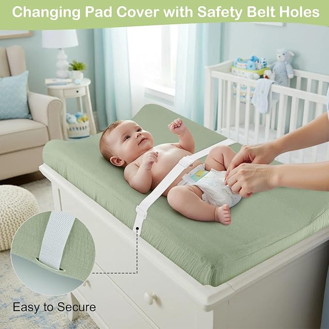 Basumee Muslin Changing Pad Cover Waterproof 2 Pack Baby Changing Table Covers for Boys and Girls Soft Breathable Nursery Diaper Change Table Cover Pad Fits 32"x16", Beige and Green