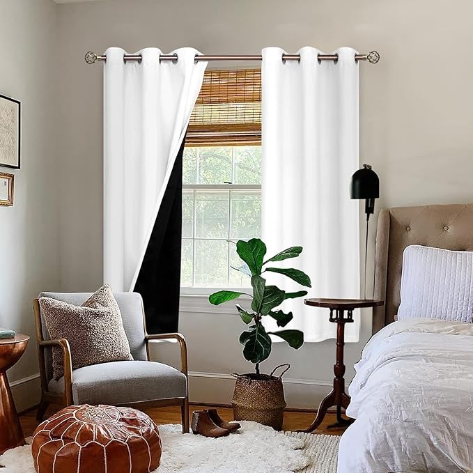 BGment Thermal Insulated 100% Blackout Curtains for Bedroom with Black Liner, Double Layer Full Room Darkening Noise Reducing Grommet Curtain (38 x 63 Inch, Pure White, 2 Panels)