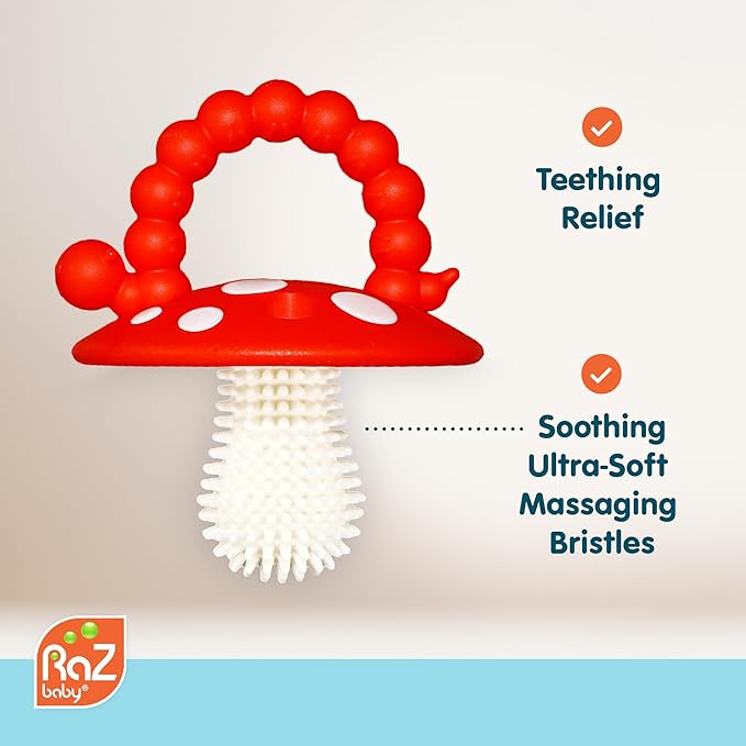 RaZbaby Soft Silicone Infant & Baby 3M+ Teether Toy Massaging Bristles Teething Relief Pacifier - Soothes Sore Gums - Hands-Free & Easy-to-Hold Chompy Teether, BPA Free (RED/Lavender)