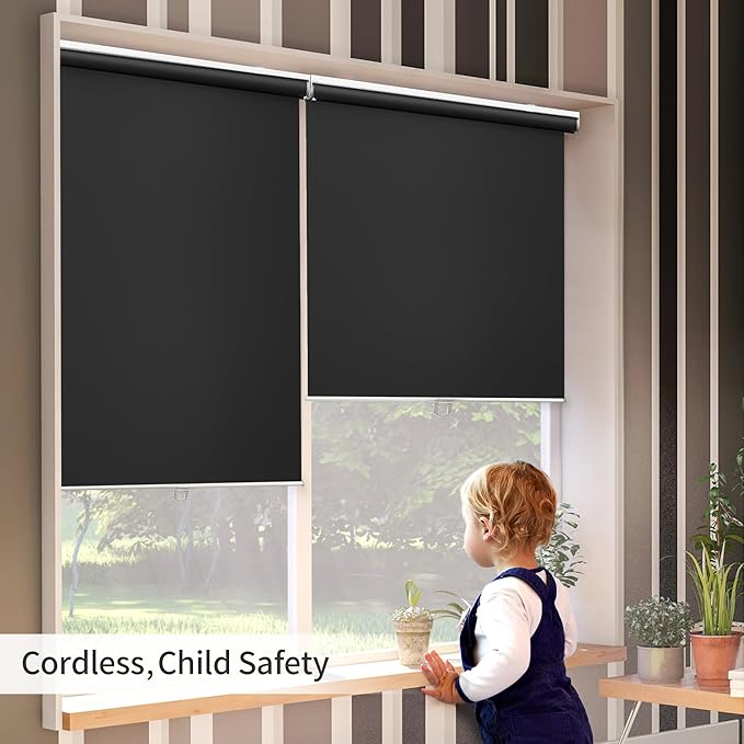 GENIMO 100% Blackout Roller Window Shades, Window Blinds Cordless with Thermal Insulated, UV Protection Fabric, Mini French Door Blinds for Home, Office, Bedroom, Easy to Install, Black, 44" W X 72" H