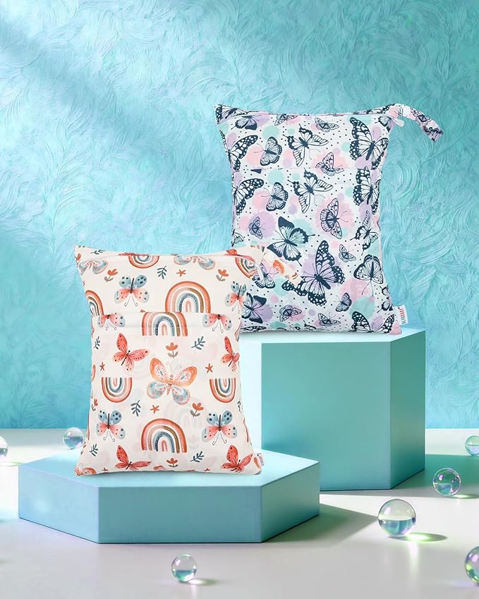 ALVABABY 2 pcs Cloth Diaper Wet Dry Bags Waterproof Reusable with Two Zippered Pockets Travel Beach Pool Daycare Soiled Baby Items Yoga Gym Bag for Swimsuits or Wet Clothes 2LM26