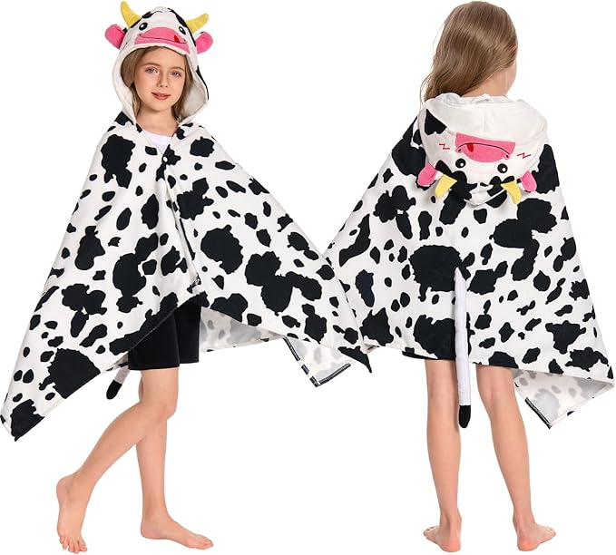 OLAOLA Cow Hooded Towel for Kids 3-12 Years, 28" x 53" Soft Thick Absorbent Beach Towels, Toddler Bath Towel Wrap Swim Pool Towels Poncho for Boys Girls