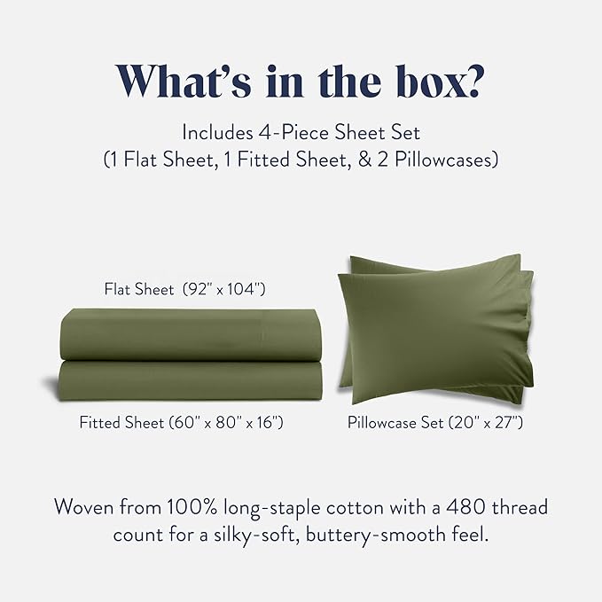 Brooklinen Luxury Sateen 4 Piece Sheet Set - 100% Cotton Bed Sheets, Soft & Durable Queen Size Sheet Set in Fresh Moss, Oeko-TEX Certified Bedding Set, 1 Fitted Sheet, 1 Flat Sheet, 2 Pillowcases