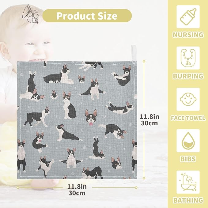 vvfelixl Baby Muslin Washcloths Boston Terrier Baby Burp Cloths Cotton Baby Face Towel for Newborn Infants Boys Girls Soft and Absorbent 11.8 X 11.8 in, 3 Pack