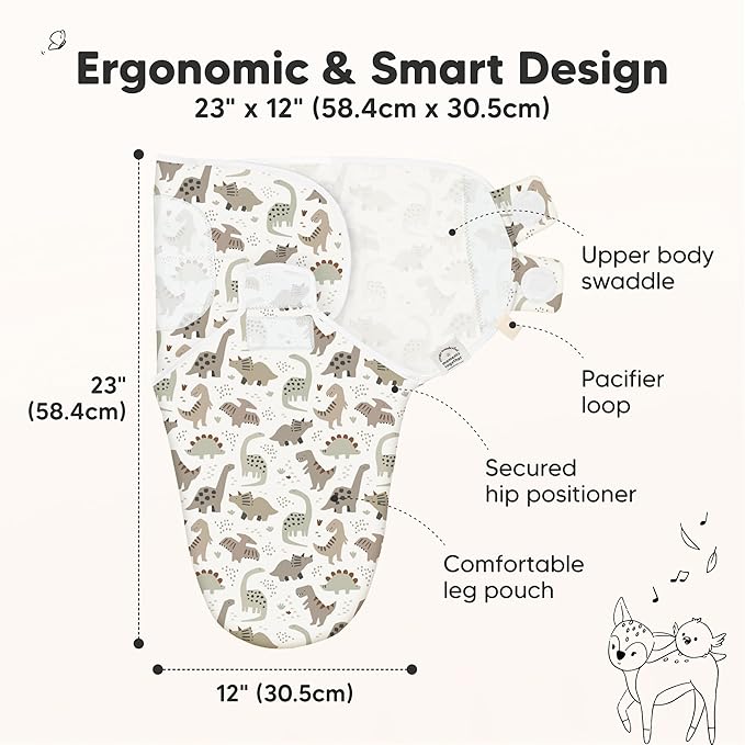 3-Pack Organic Baby Swaddle Sleep Sacks - Swaddles for Newborns, Infant 0-3 Months, Baby Girls, Boys, Soft & Snug Newborn Sleep Sack, Nursery Swaddling Blankets (Dino Ridge)