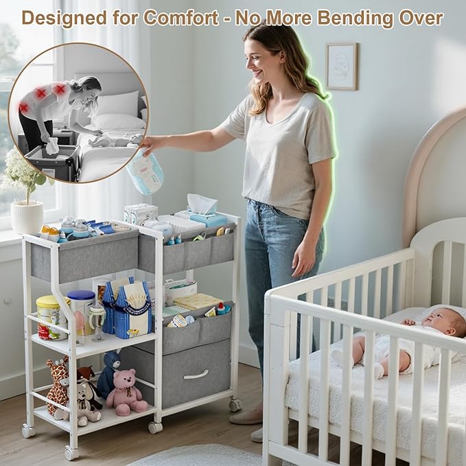 Baby Diaper Caddy Organizer and Storage, 3 Tier Rolling Cart with Dividers and Drawers, Mobile Utility Cart with Wheels for Nursery, Bedroom, Baby Newborn Essentials Storage Cart, White