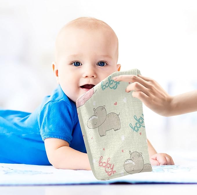 vvfelixl Baby Washcloths Cotton Cute Hippo Baby Muslin Washcloths Soft Baby Face Towel for Newborn Infants Baby Wipes, 11.8 X 11.8 Inch, 3 Pack Beige