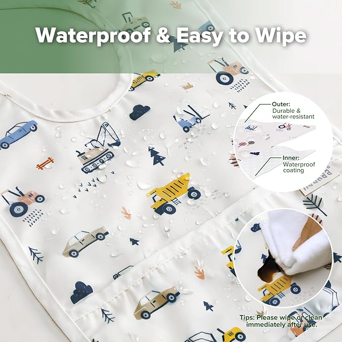 haakaa Waterproof Baby Bibs for Eating, Soft & Lightweight Toddler Bibs with Food Pocket, Easy Wipe Clean, Ages 6–24M, 2 Pack