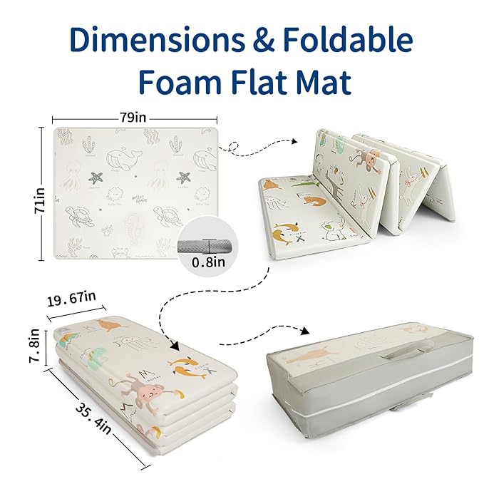 Foldable Baby Play Mat Foam, 79x71 Inch Thick 0.8 Inch XPE Waterproof Playmat, Extra Large Crawling Floor Foam Mats for Kids Infant Training Non-Slip Reversible