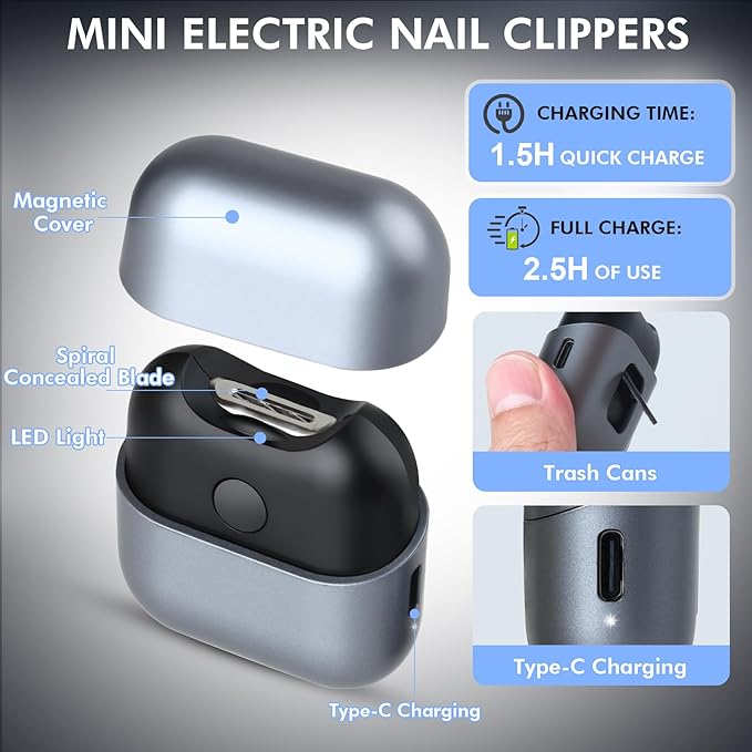 Electric Nail Clipper - 2-speed suitable for infants and elderly people Automatic Electric Nail File Safe for Infants & Elderly, with LED Light for Night Use – Gently Trims Thick & Fragile Nail