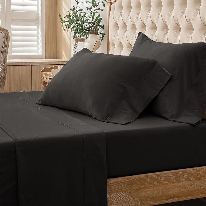 PURE ERA Jersey Knit 4pc Bed Sheet Set 100% T-Shirt Heather Cotton Super Soft Comfy Breathable Fits Mattress Up to 20" Extra Deep Pocket (Solid Black, Queen)