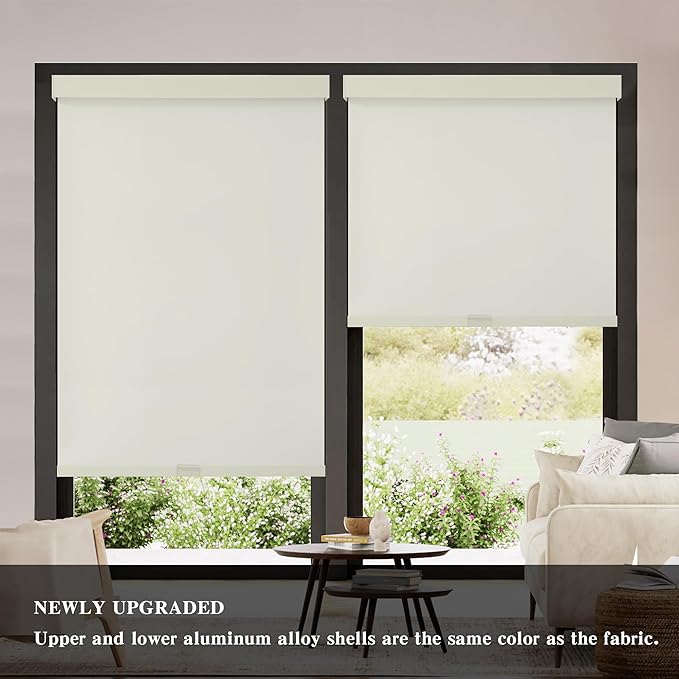 AOSKY Blackout Roller Shades Cordless Blinds for Windows, Free-Stop Shades with Valance, Thermal Insulated Fabric, UV Protection, Natural Woven Blinds for Home and Office (44" W x 72" H, Ivory)