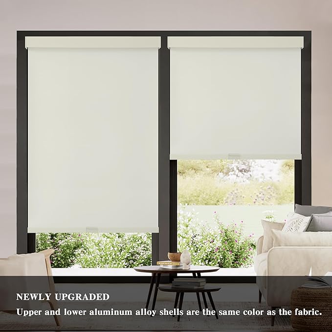 AOSKY Blackout Roller Shades Cordless Blinds for Windows, Free-Stop Shades with Valance, Thermal Insulated Fabric, UV Protection, Natural Woven Blinds for Home and Office (43" W x 72" H, Ivory)