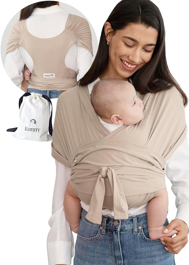 Konny Baby Carrier Flex SoftBreeze with Head Support - Adjustable, Easy to Wear, Hands-Free Breathable Baby Wrap Sling, Perfect for Newborn Babies Essentials up to 44 lbs (M-4XL) - Beige