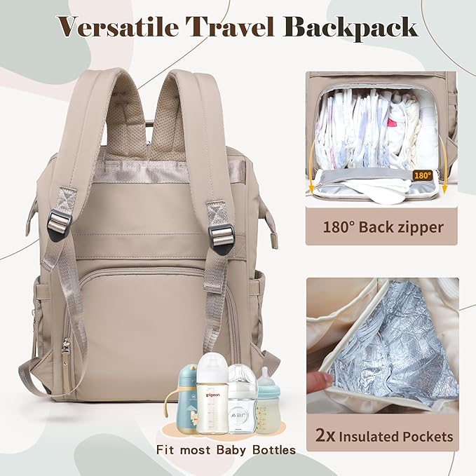 miss fong Diaper Bag Backpack - Baby Diaper Bag Travel Diaper Backpack with Diaper Changing Pad Large Capacity Baby Backpack Pañaleras Para Bebe with 12 Pockets for Mom & Dad -Khaki