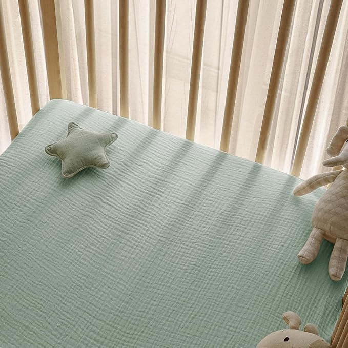 Little Grape Land Muslin Crib Sheets Fitted for Boys and Girls 2 Pack, 100% Cotton Baby Bed Sheets Soft Breathable, Neutral Fitted Baby Mattress Sheets for Standard Crib 52x28 inches, Green Leaves