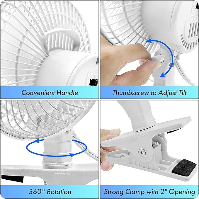 Comfort Zone Portable Clip on Stroller Fan, 6 inch with Fully Adjustable Tilt, Quiet 2 Speed Bedside Fan, Mini Desk Fan, Table Fan, Easily Clip on to Desk, Stroller or Bedroom Nightstand, Black
