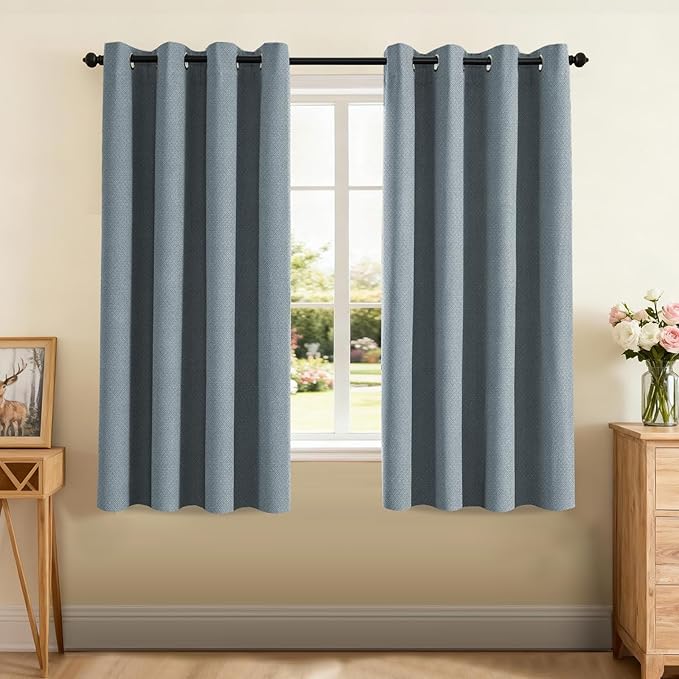 PrinceDeco 100% Blackout Curtains for Bedroom 63 Inches Long, Grommet Living Room Drapes, Thermal Insulated Blackout Curtains 2 Panels Set,Jacquard-Woven,55" W x63 L, Stone Blue