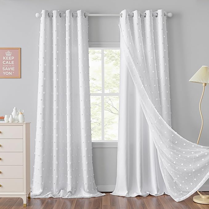 MYSKY HOME White Curtains for Kids Bedroom 72 Inches Long Pom Pom Sheer Nursery Curtains for Boys Room Closet 2 Layered Light Filtering Window Drapes for Toddler Grommet, White, 52 x 72 Inch, 2 Panels
