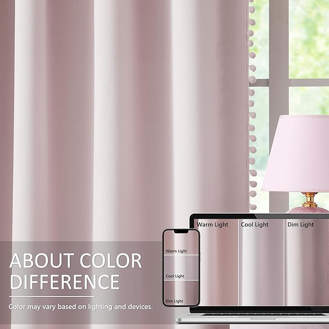 Pink Blackout-Curtains for Bedroom Pom Pom Thermal Insulated 100% Full Blackout Curtain Panels for Girls Baby Nursery Room 84 inch Energy Efficient Window Drapes for Kids 52"w x2 Panels Rod Pocket