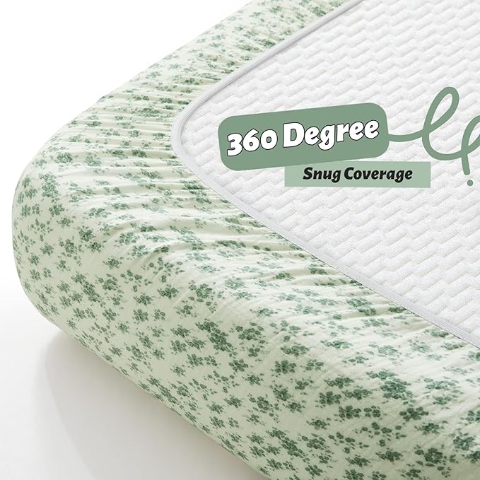 SiinvdaBZX 2 Pack Pack n Play Sheets, Ultra Soft Muslin Cotton Mini Crib Sheets Breathable Neutral Toddler Playard Bedding Cover for 38"x27" Portable/Mini Crib Mattresses (Leaf + Clovers)