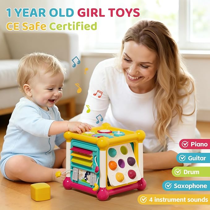 Baby Activity Cube, Cube Toys for Babies 6-12 Months, Toddler Music Busy Board with 4 Sensory Shape Blocks, 6-in-1 Educational Early Development Toy, Christmas, Birthday Gift for 1 Year Old