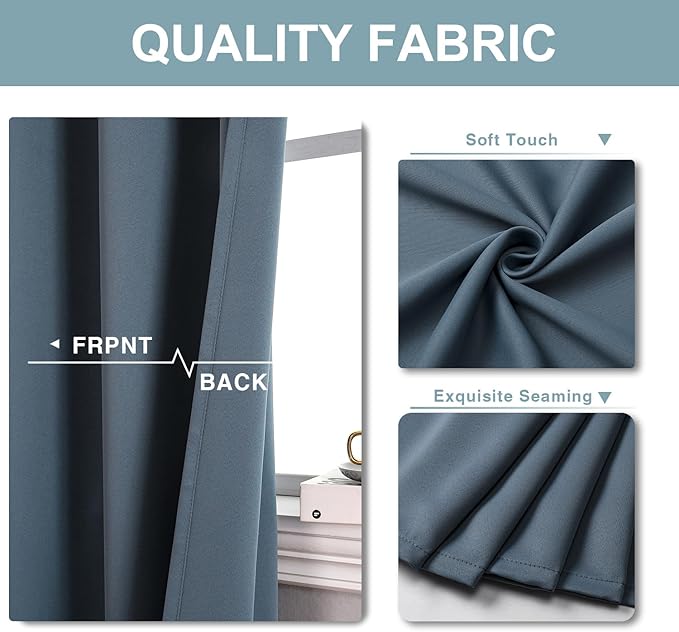 ChrisDowa Blackout Curtains 102 Inches Long for Living Room, Grommet Thermal Insulated Room Darkening Curtains for Bedroom (1 Panel Set, Stone Blue, 52W x 102L)