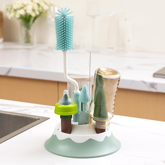 Chemimoso Baby Bottle Drying Rack and Cleaning Set, with Spinning Silicone Baby Bottle Brush, Pacifier Brush, Straw Brush, Cup Lid Cleaning Brush, 2025 Xmas Holiday Surprise Gift for Newmom, Pink