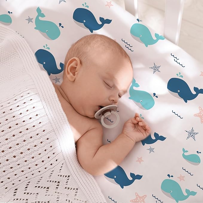 Little Grape Land Waterproof Crib Sheets for Boys Girls, Soft and Breathable Waterproof Baby Crib Sheets 52"x28", Crib Mattress Sheets Neutral for Standard Crib and Toddler Bed Mattress (Whale)